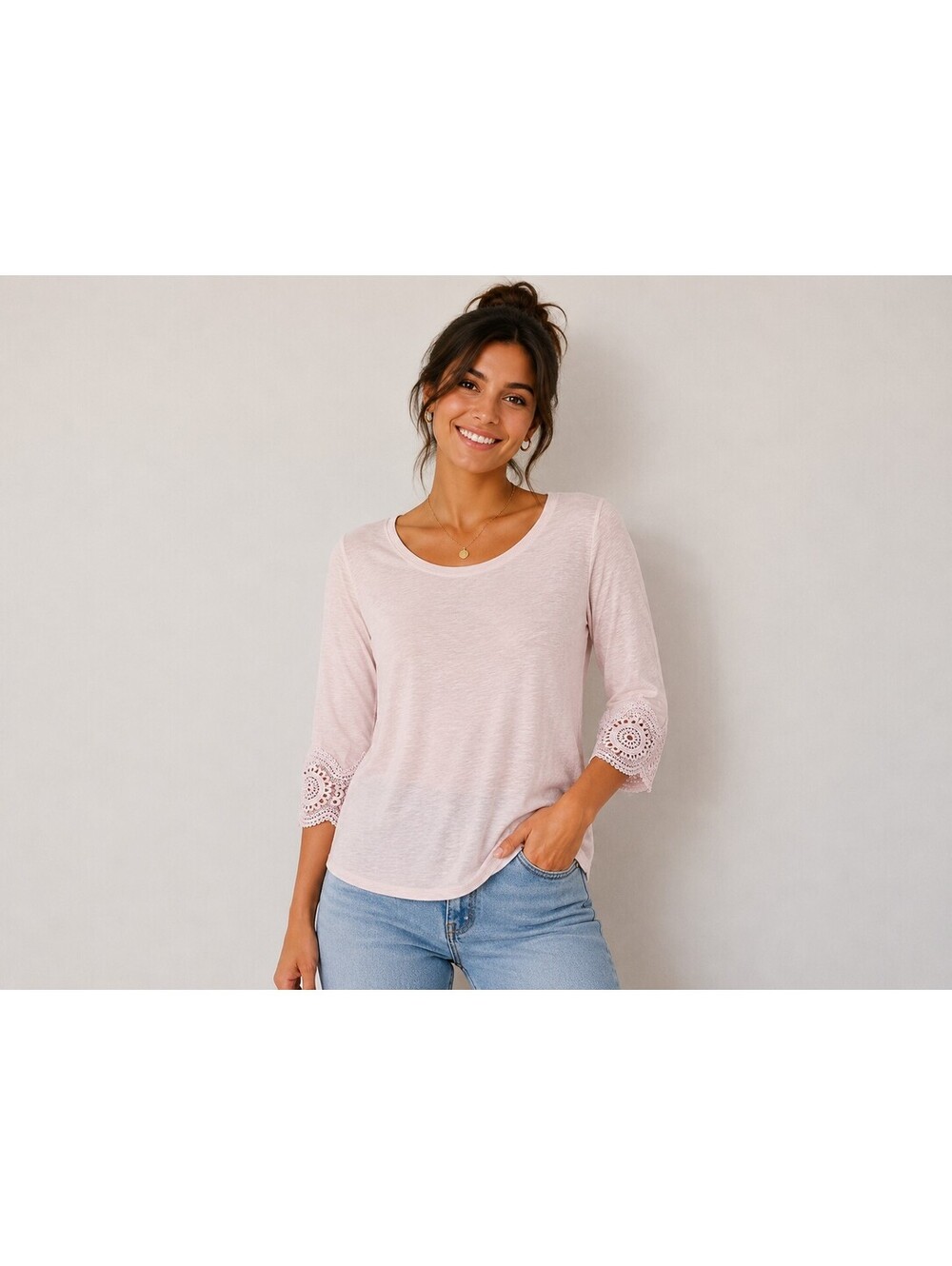 LOFT Light Lilac Quarter Sleeve Top with Lace Detail, Size Large